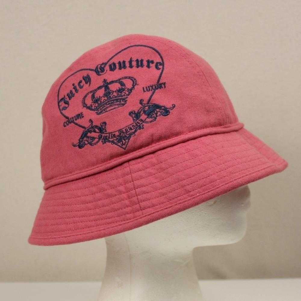 Juicy Couture Pink Wool Blend Bucket Hat Embroidered Crown Hearts Y2K Vintage